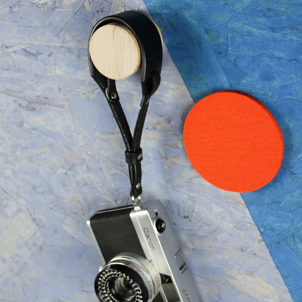 Black Leather Wide Camera Wrist Strap - Scandola Rivet image 2