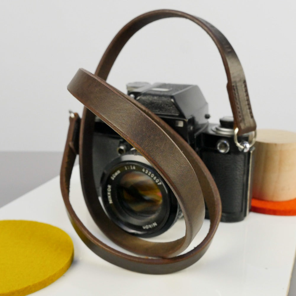 Slim Brown Leather Camera Strap - Messel Stitched image 1