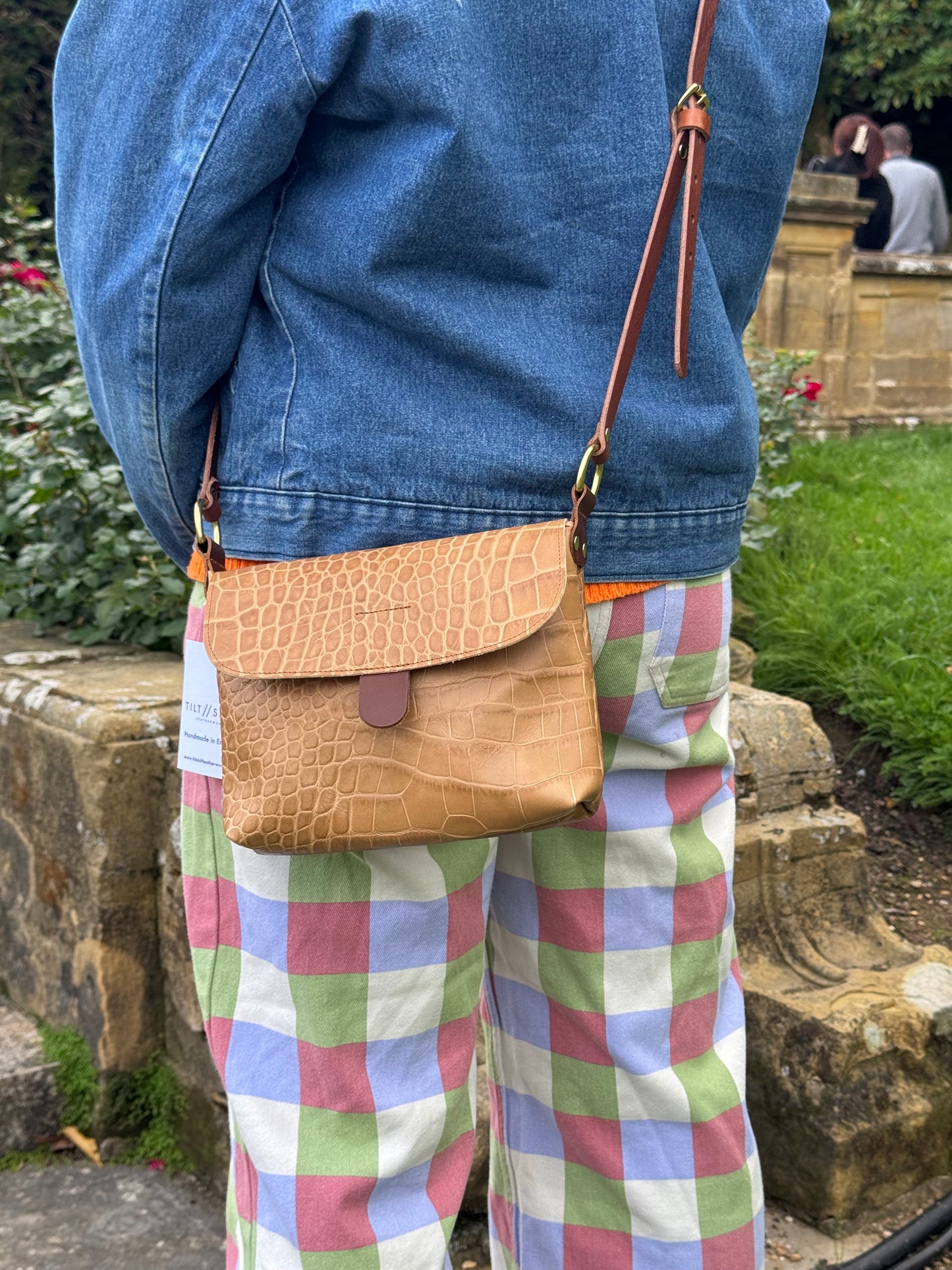Beige Croc Small Leather Satchel Bag