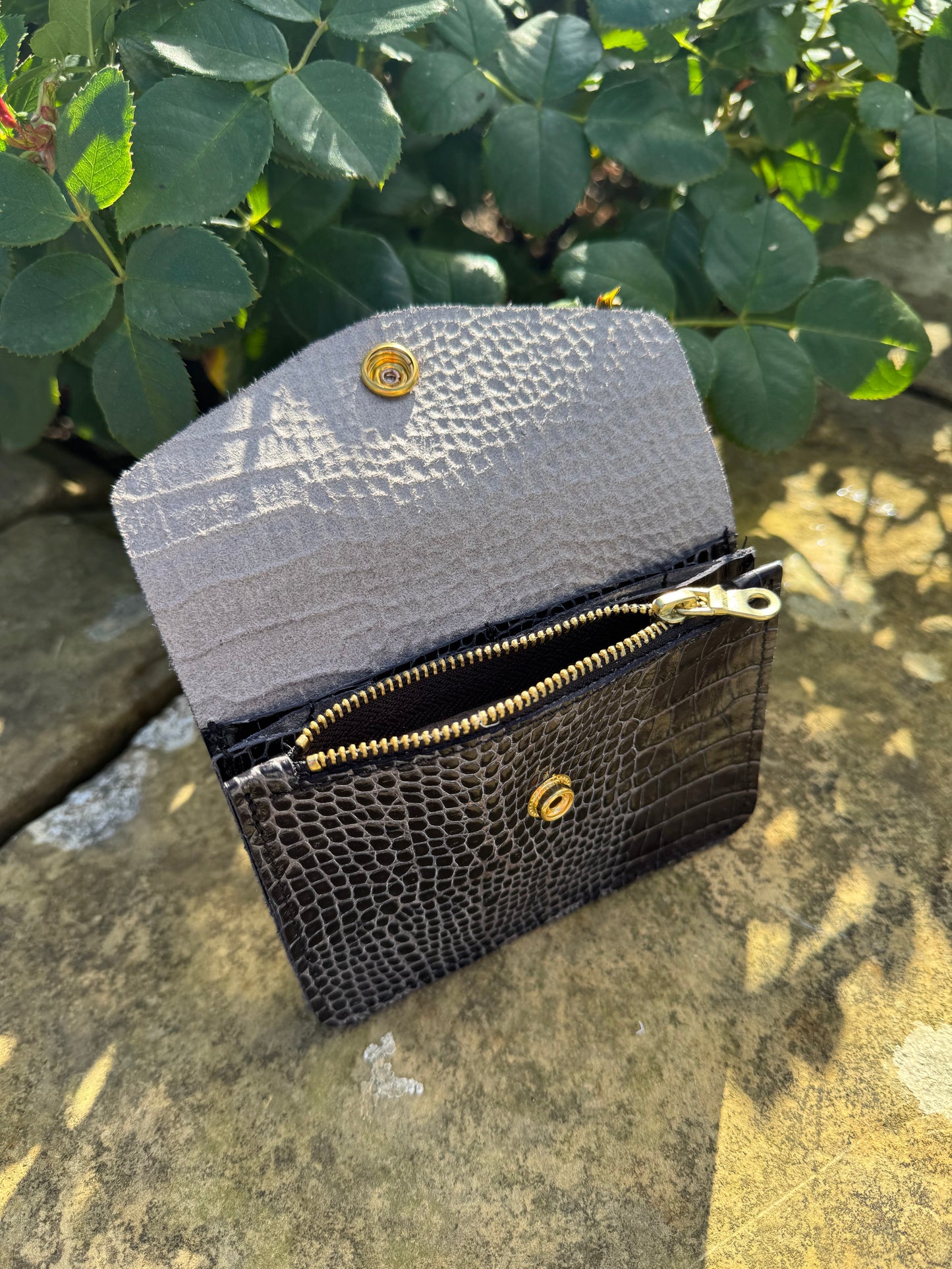 Black Croc Concertina Leather Purse