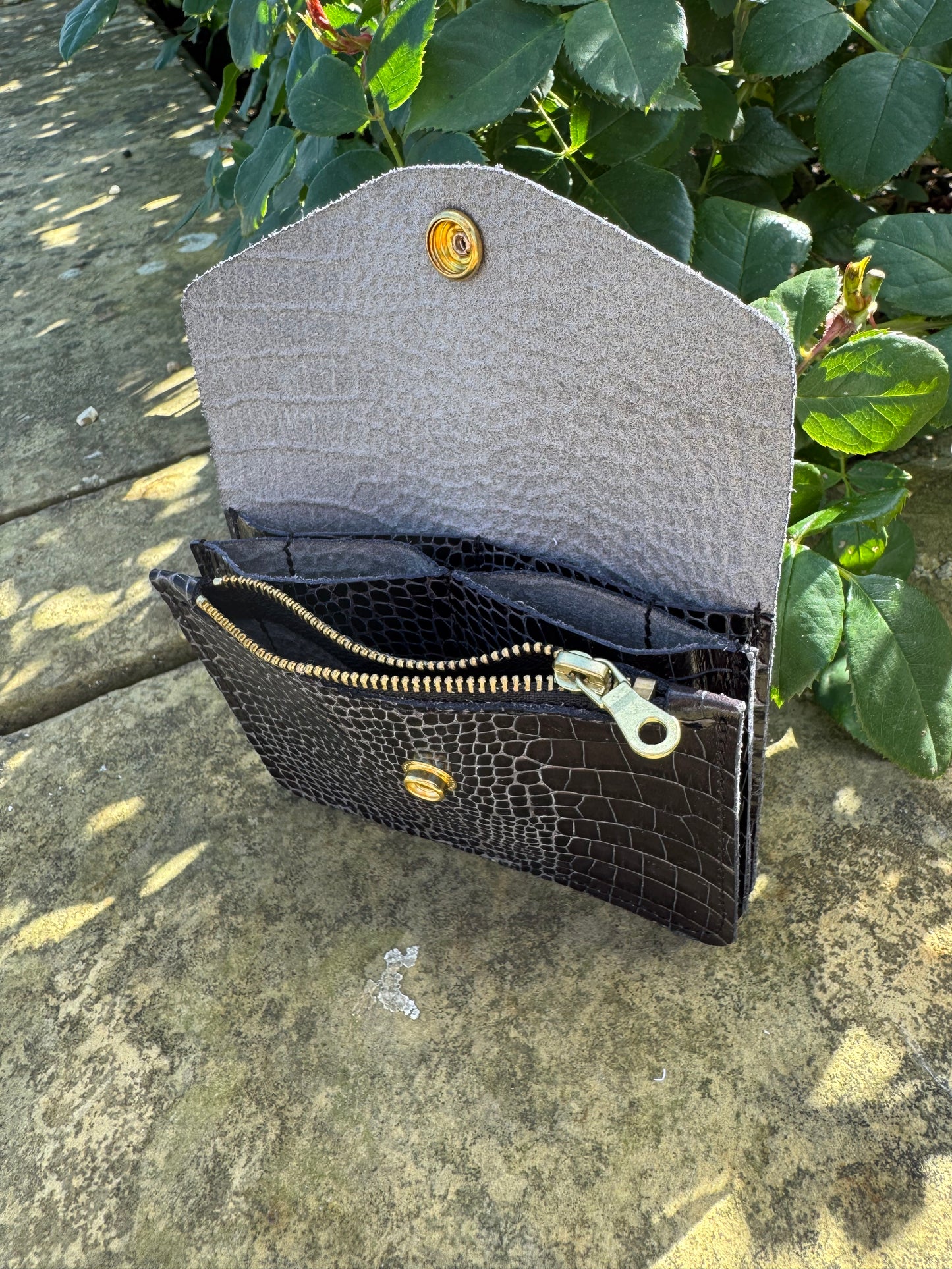 Black Croc Concertina Leather Purse