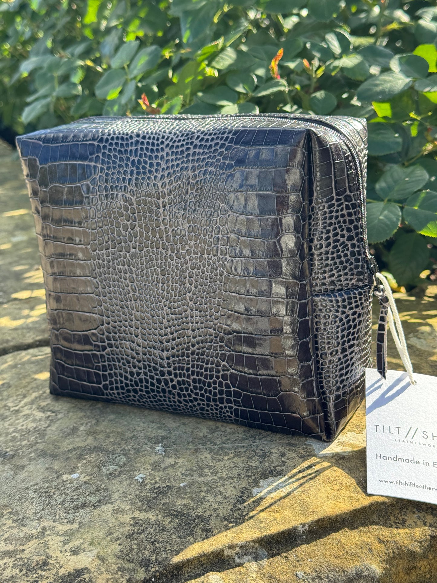Black Croc Leather Box Pouch