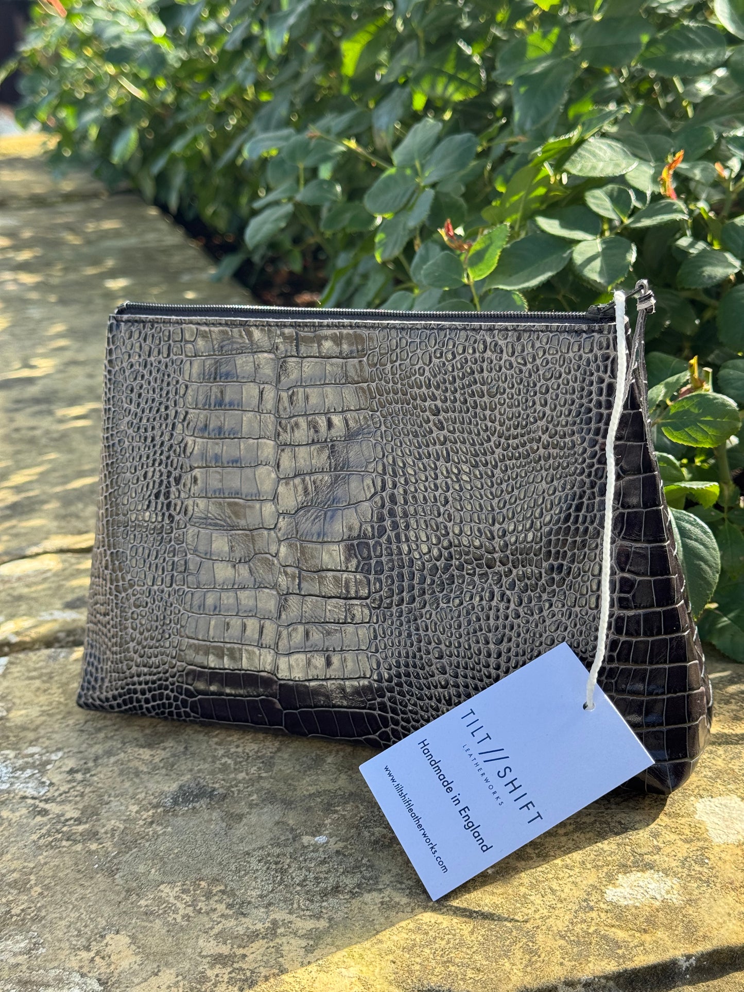 Black Croc Trapeze Leather Pouch