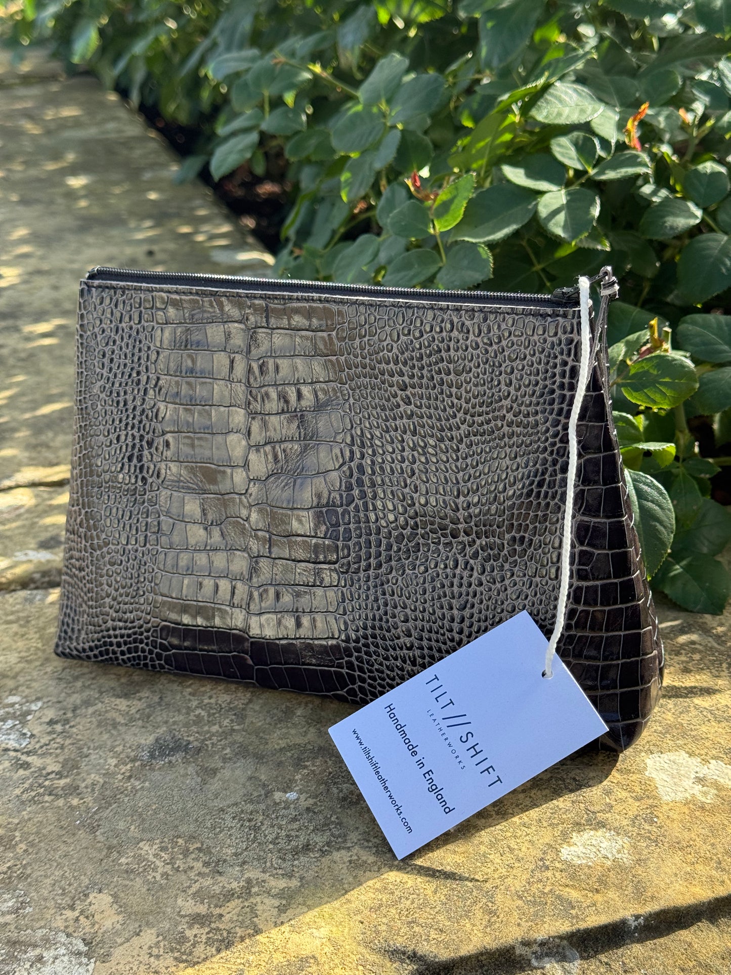 Black Croc Trapeze Leather Pouch