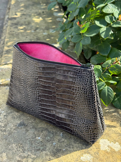 Black Croc Trapeze Leather Pouch