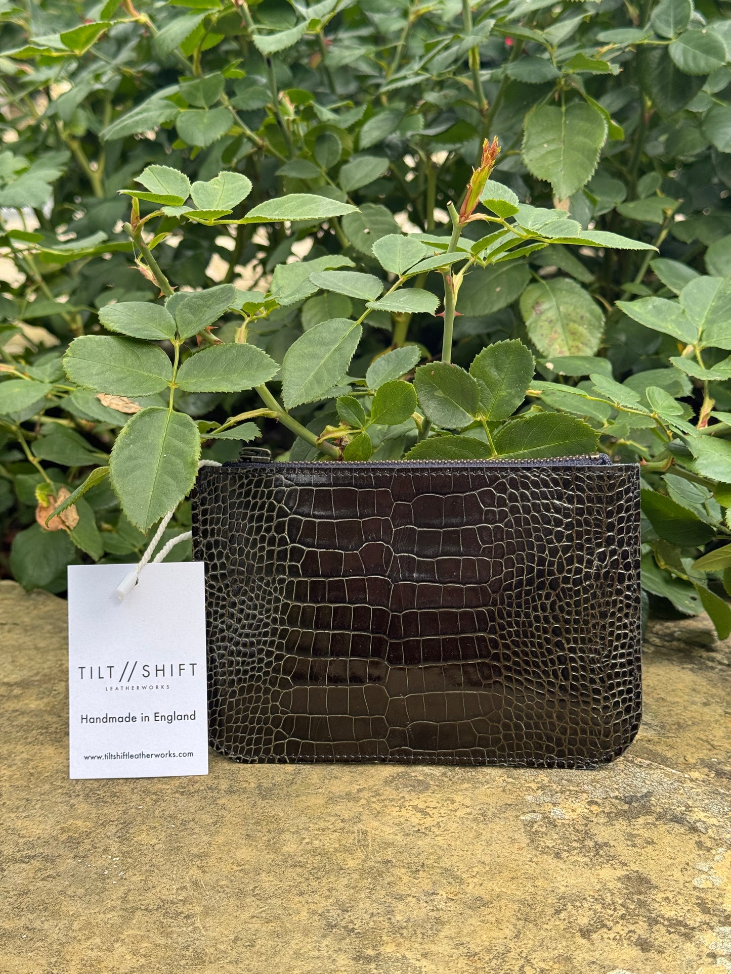 Black Croc Leather Zip Pouch