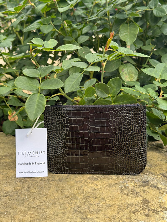 Black Croc Leather Zip Pouch