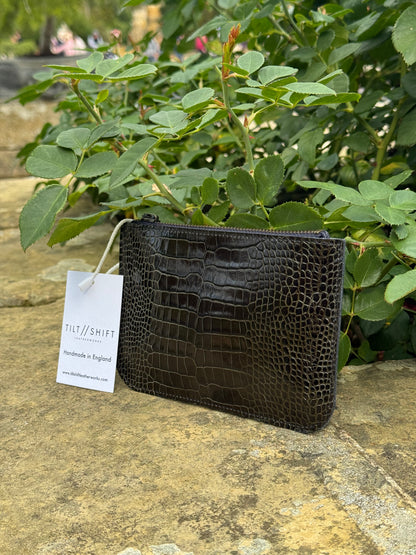 Black Croc Leather Zip Pouch