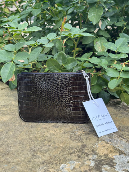 Black Croc Leather Zip Pouch