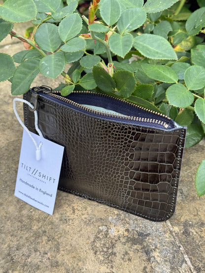 Black Croc Leather Zip Pouch