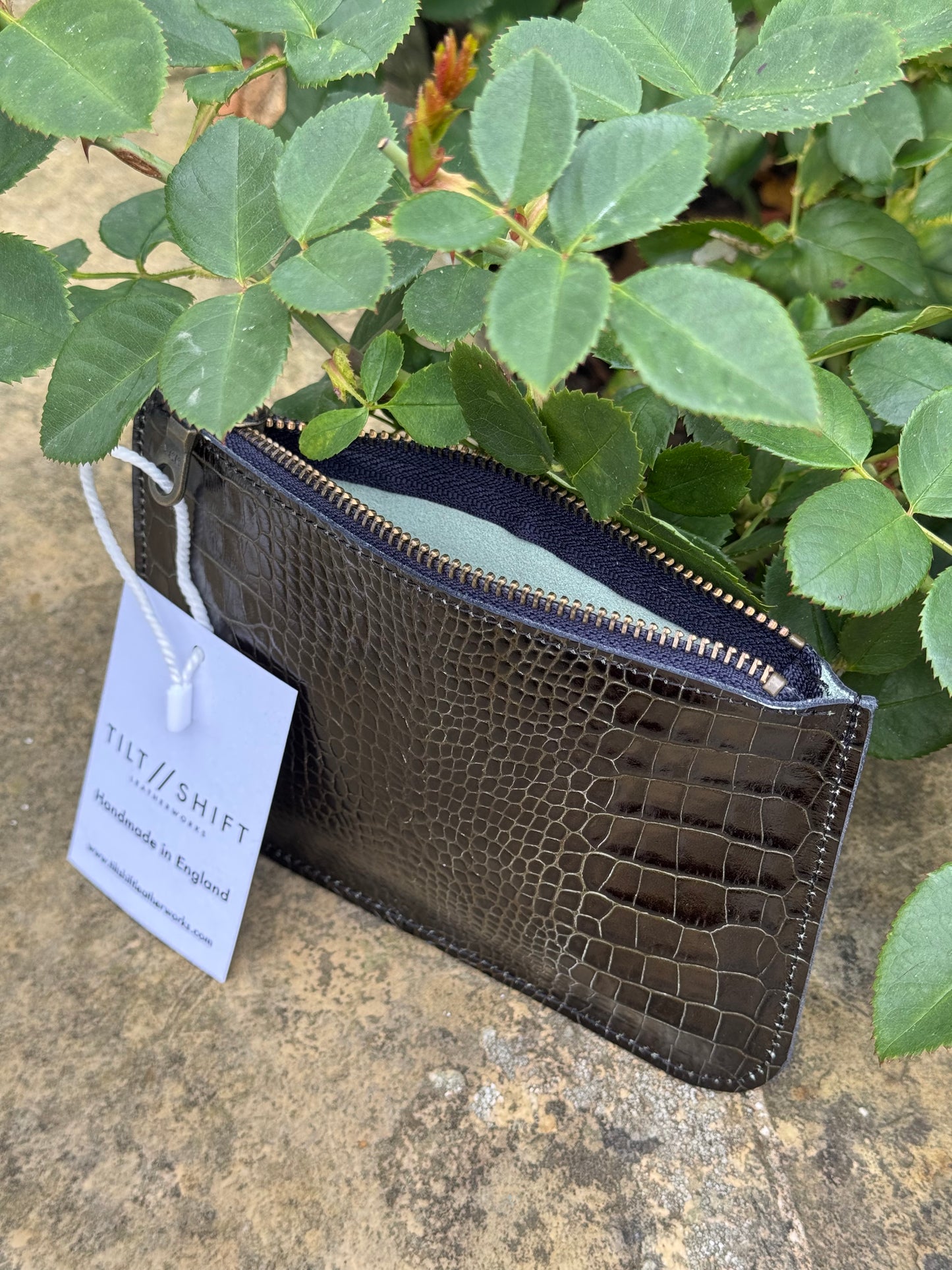 Black Croc Leather Zip Pouch