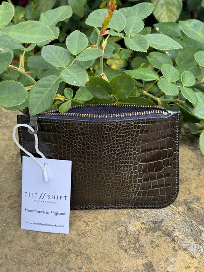 Black Croc Leather Zip Pouch