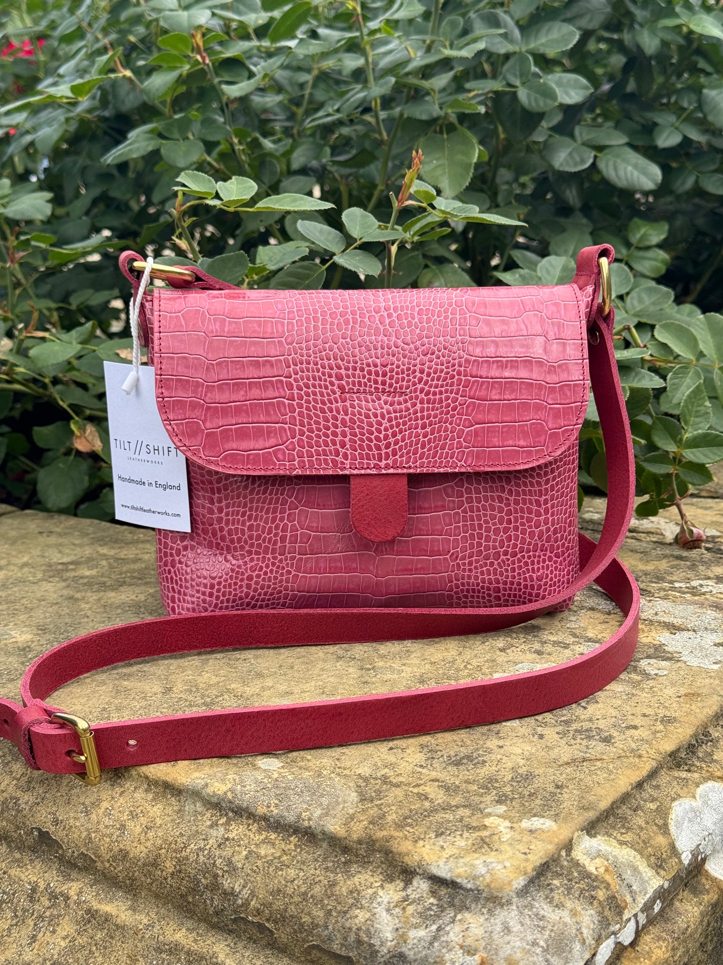 Pink Croc Small Leather Satchel Bag
