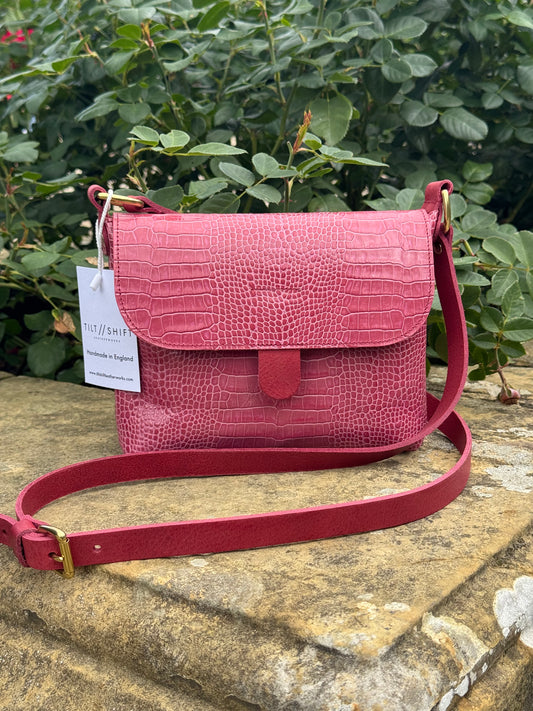Pink Croc Small Leather Satchel Bag