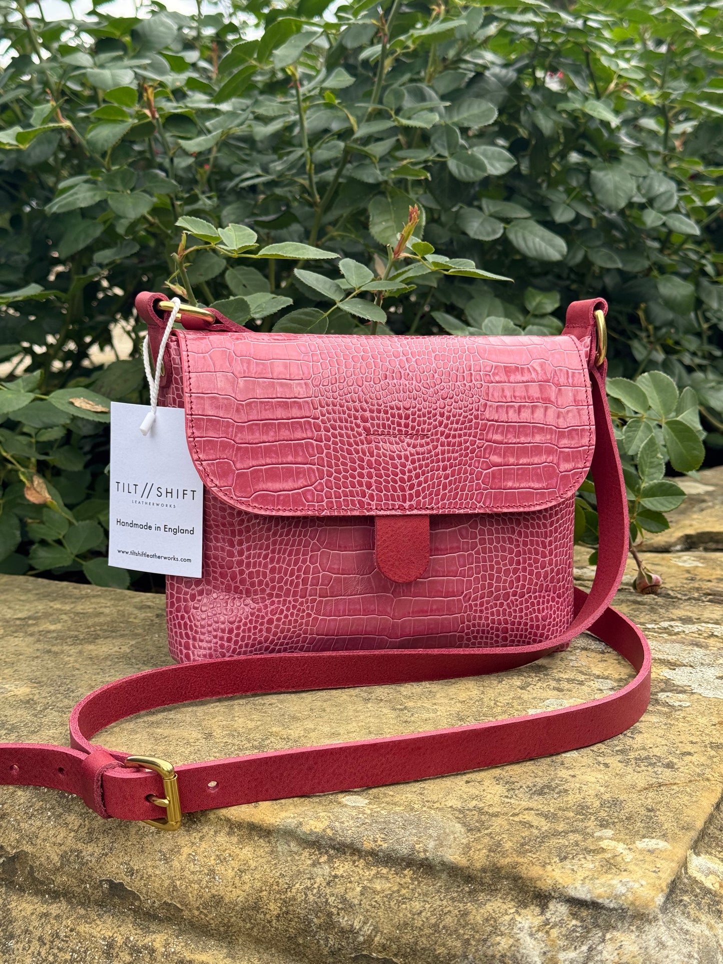 Pink Croc Small Leather Satchel Bag