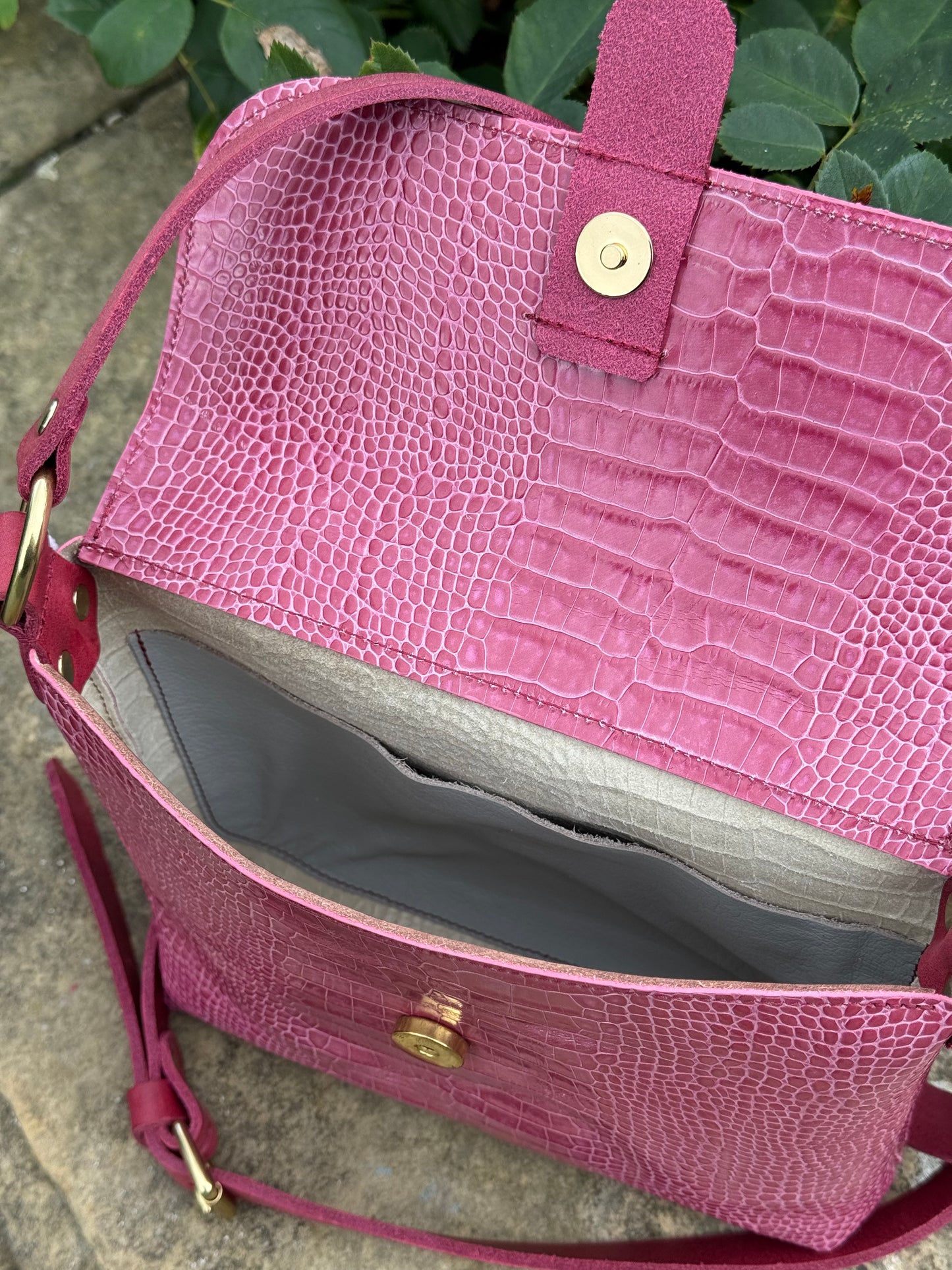 Pink Croc Small Leather Satchel Bag