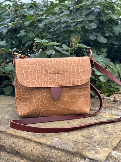 Beige Croc Small Leather Satchel Bag