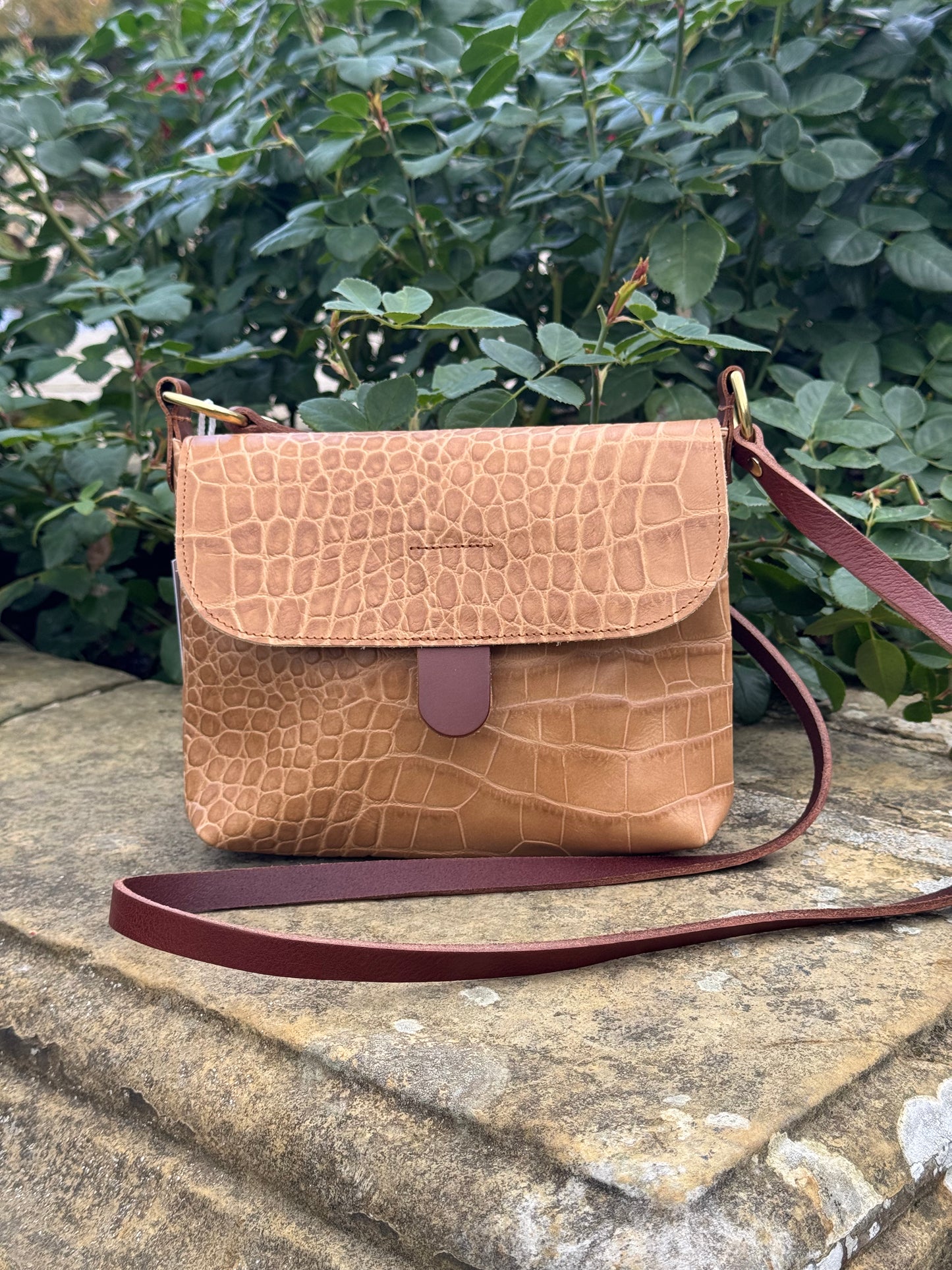 Beige Croc Small Leather Satchel Bag