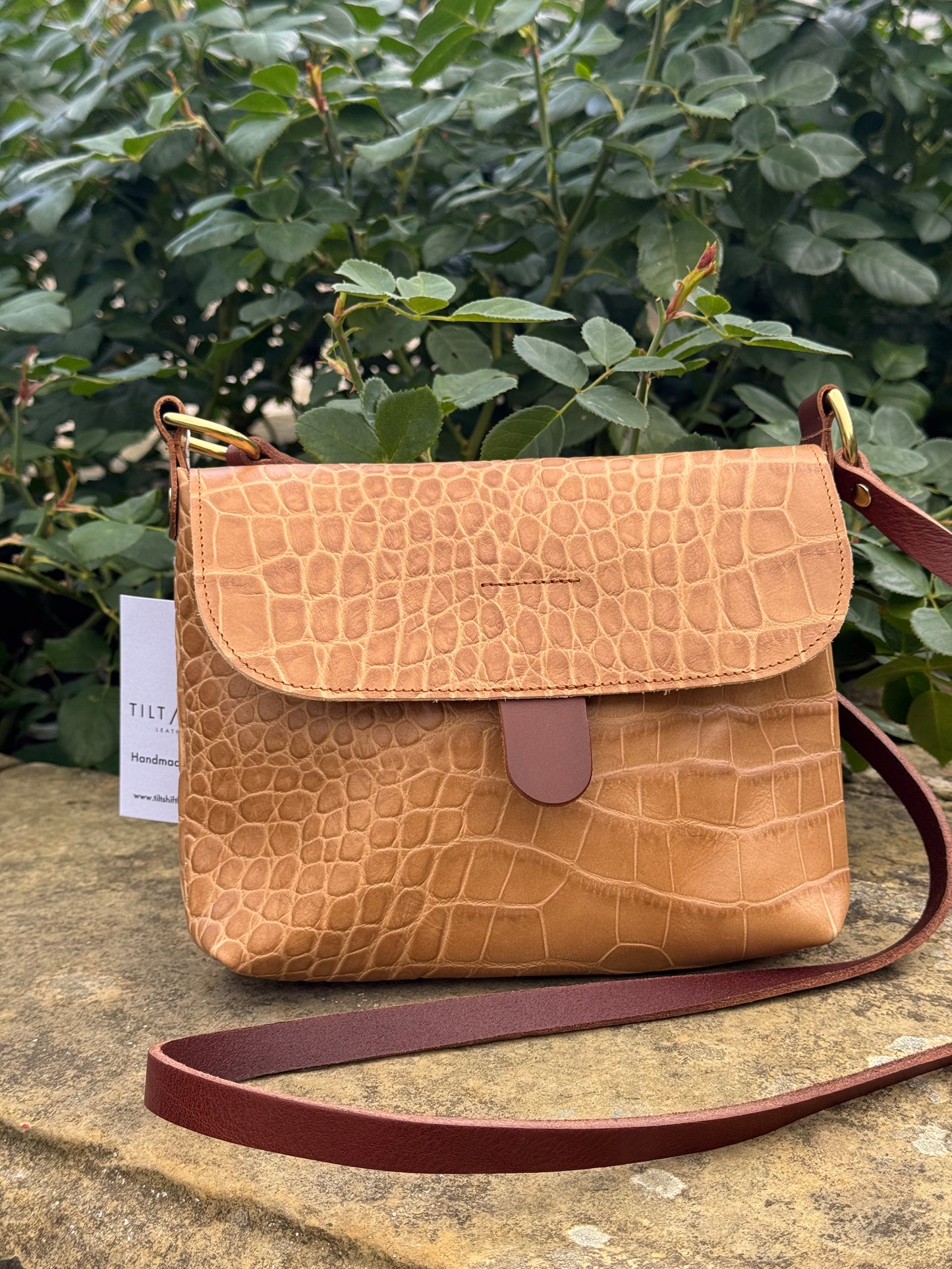 Beige Croc Small Leather Satchel Bag