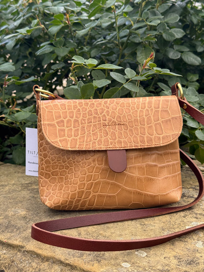 Beige Croc Small Leather Satchel Bag