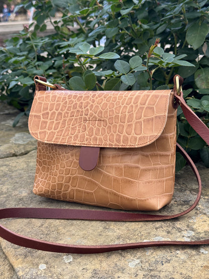 Beige Croc Small Leather Satchel Bag