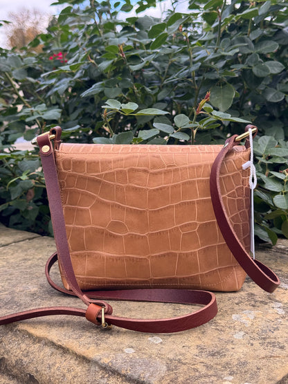 Beige Croc Small Leather Satchel Bag
