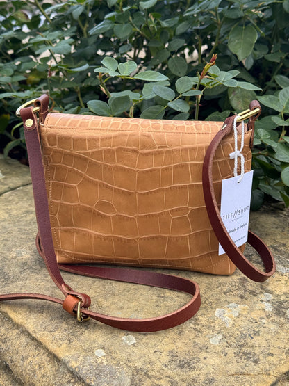 Beige Croc Small Leather Satchel Bag