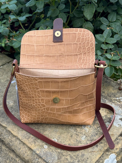 Beige Croc Small Leather Satchel Bag