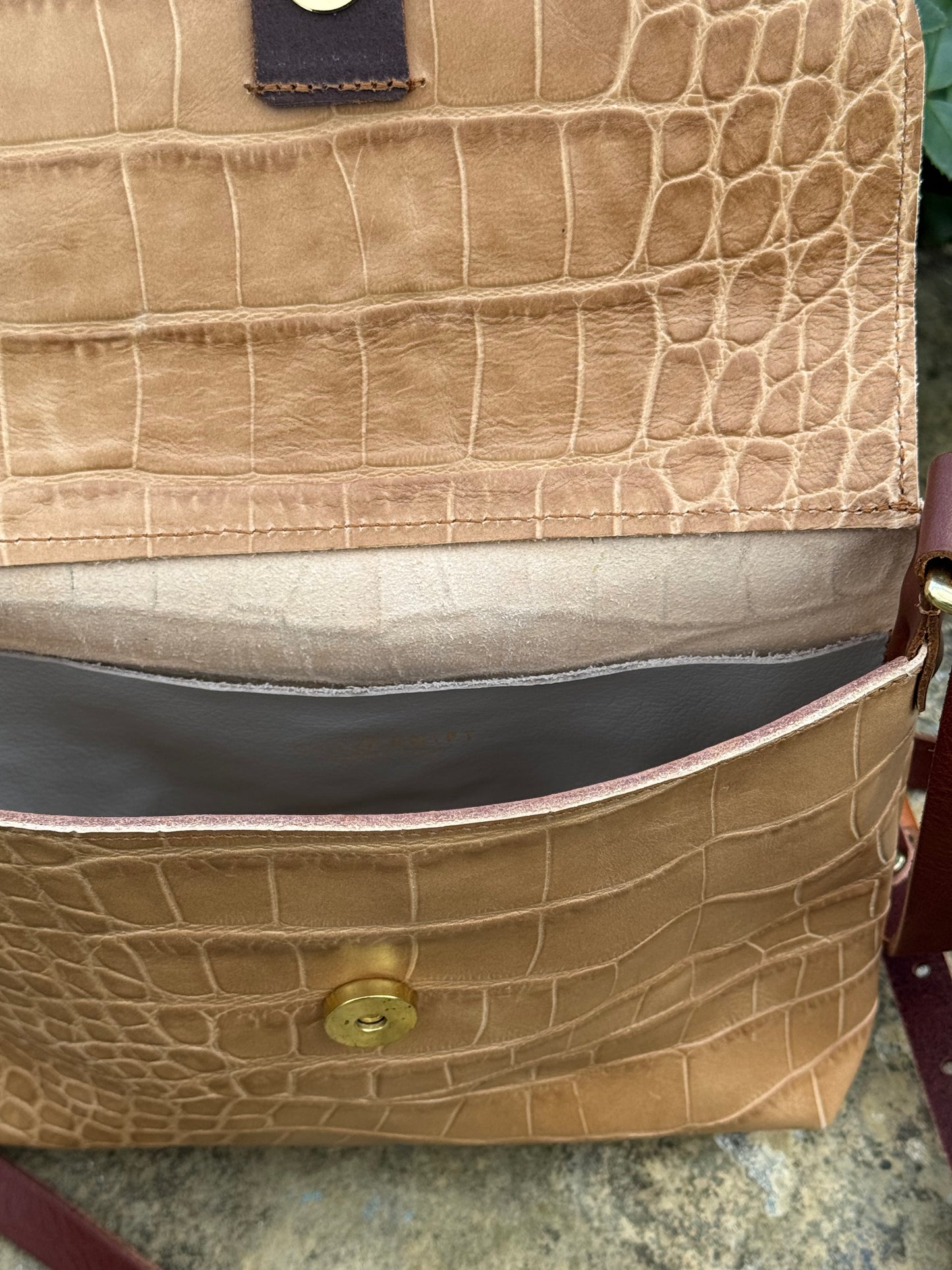 Beige Croc Small Leather Satchel Bag