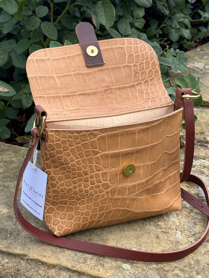 Beige Croc Small Leather Satchel Bag