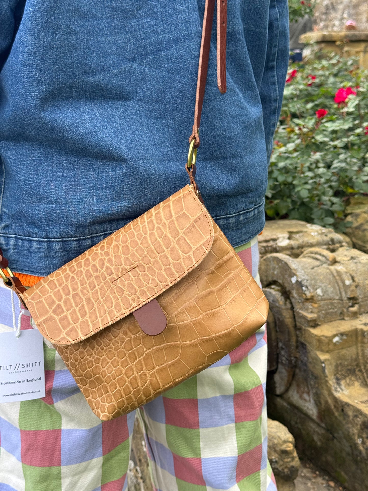 Beige Croc Small Leather Satchel Bag