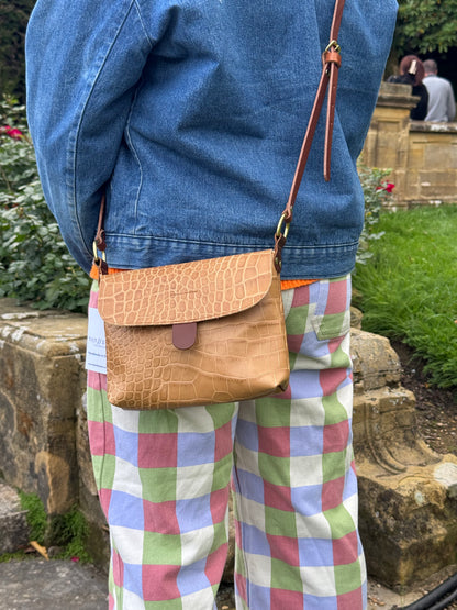 Beige Croc Small Leather Satchel Bag