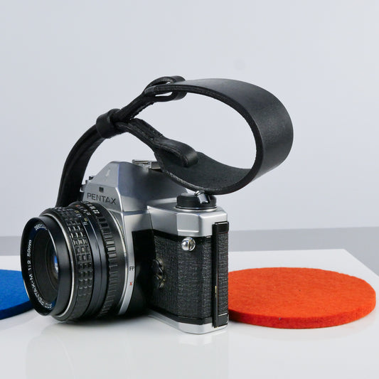 Black Leather Wide Camera Wrist Strap - Scandola Stitched image 0